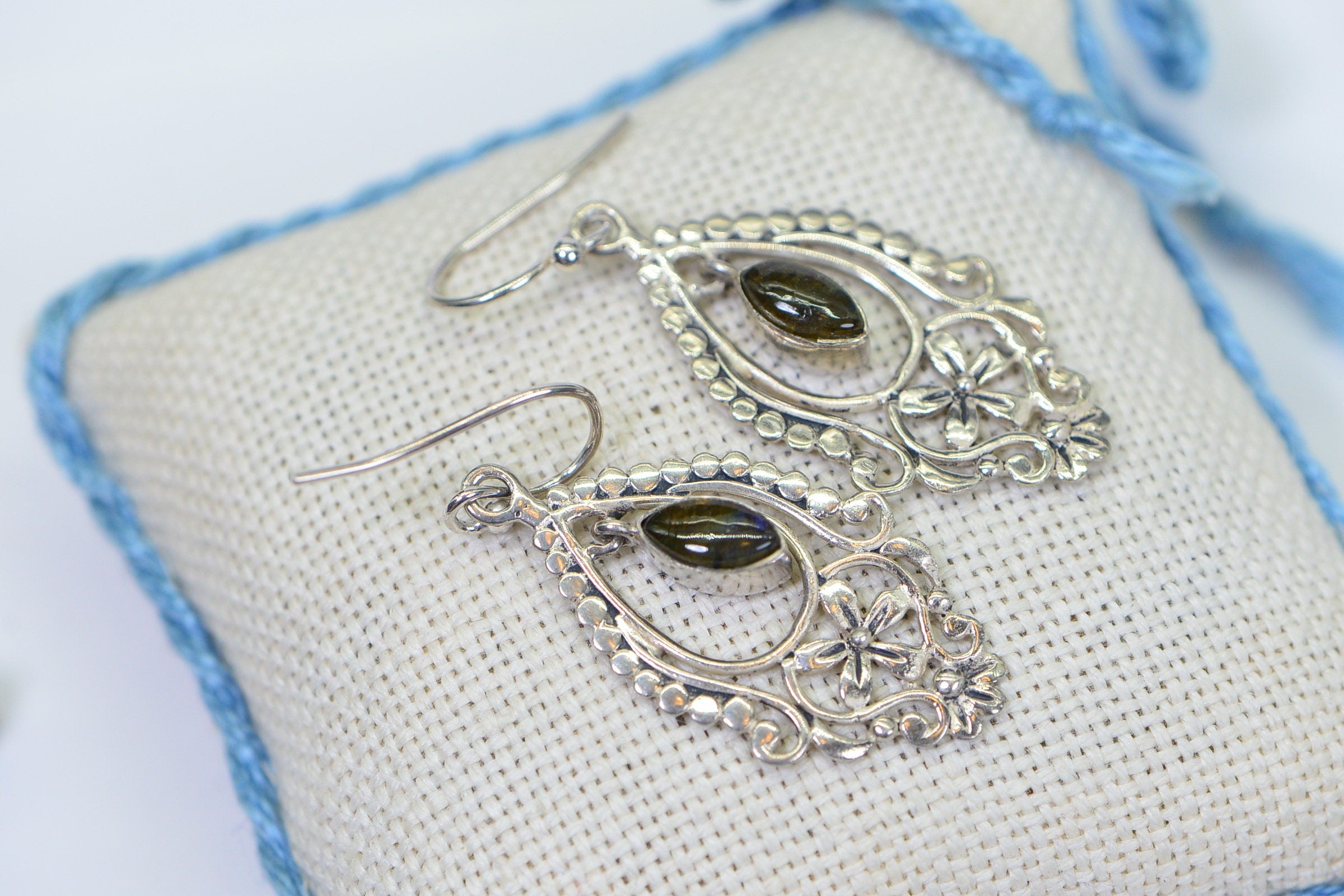 Filigree Labradorite Earrings: Sterling Silver Floral Dangle