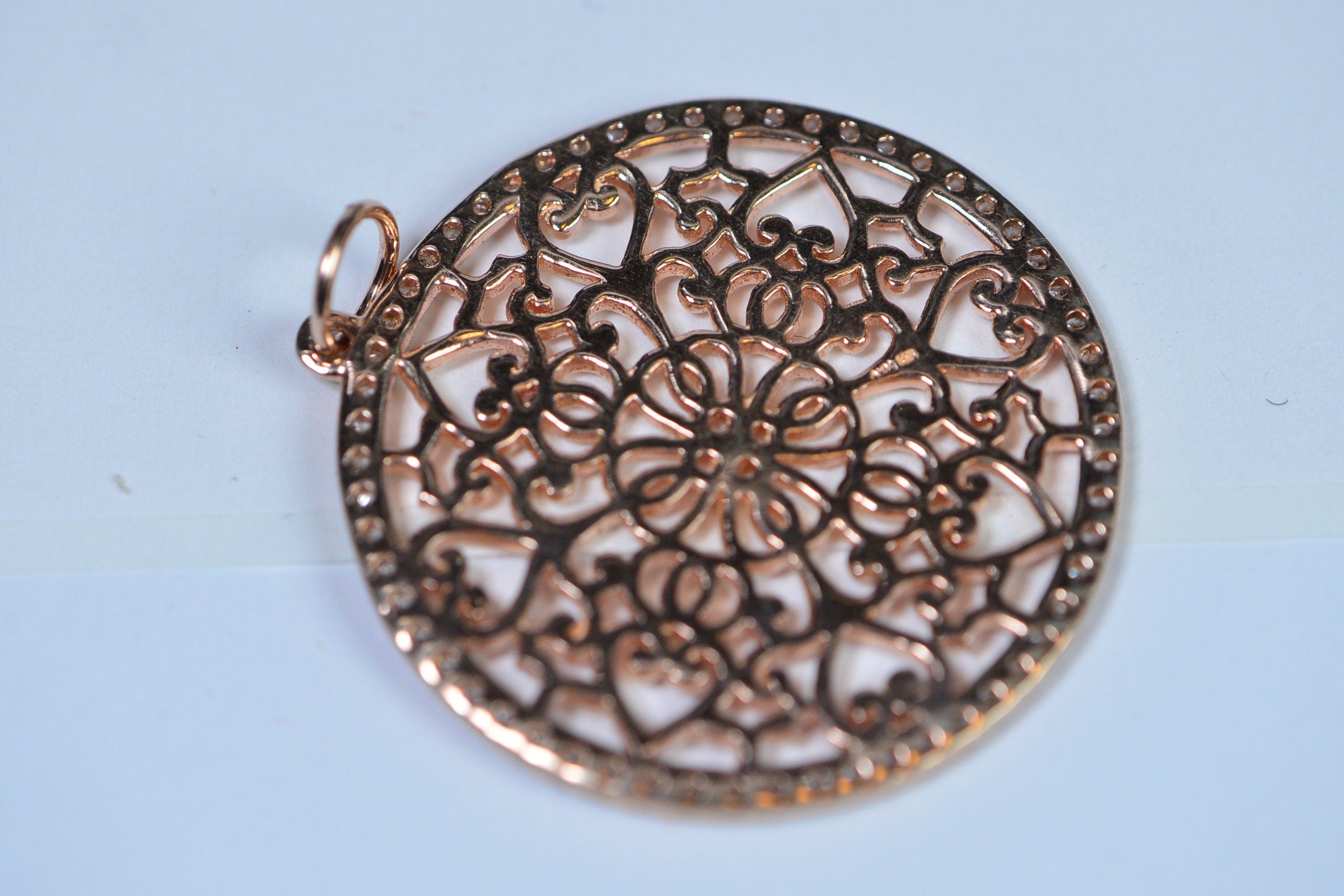 14KRose Gold Diamond Mandala Large Rose Gold Over Sterling silver Estate Jewelry