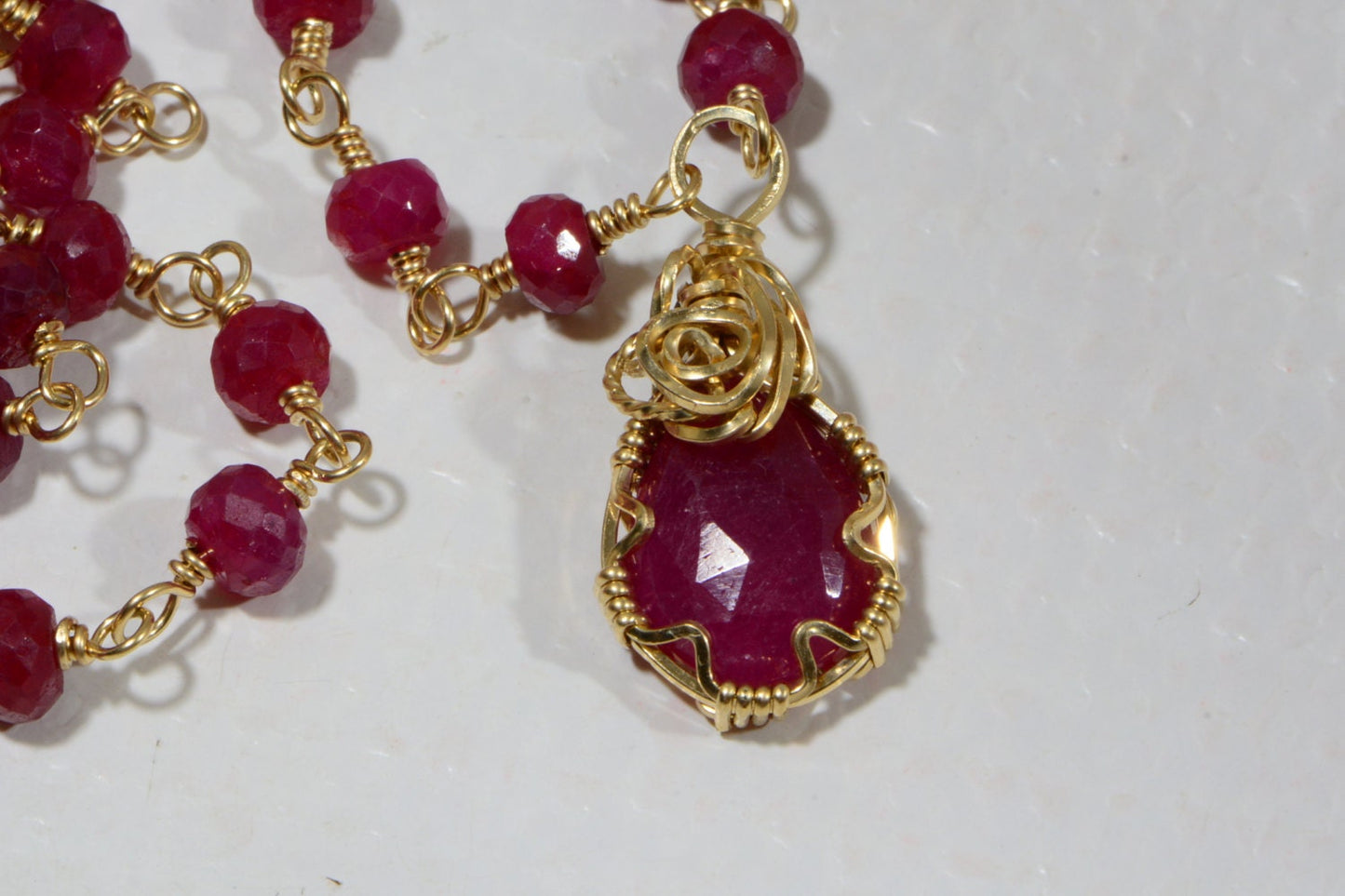 Ruby Rosary Necklace, 14k Gold Filled Wire Wrapped Pendant