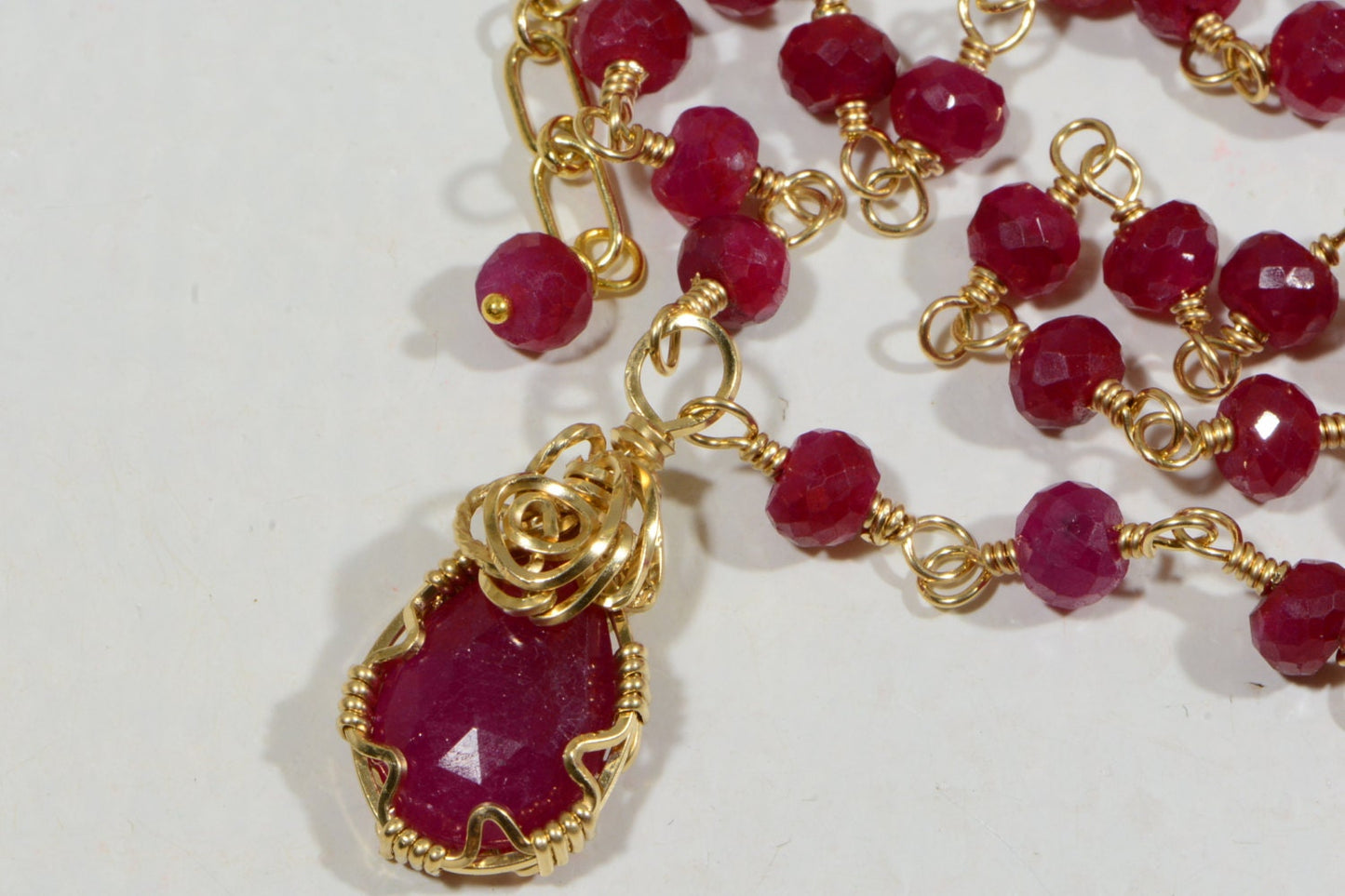 Ruby Rosary Necklace, 14k Gold Filled Wire Wrapped Pendant