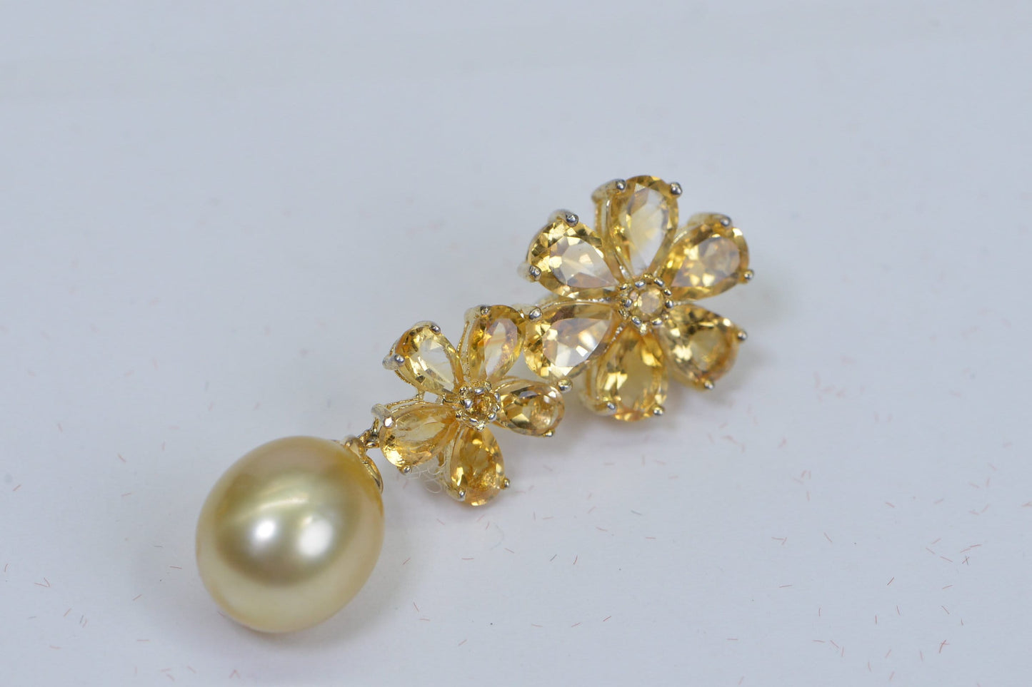 Genuine Seawater Golden Pearl  Citrine Two Flower Pendant  14K Gold Plated  Enhancer Pendant