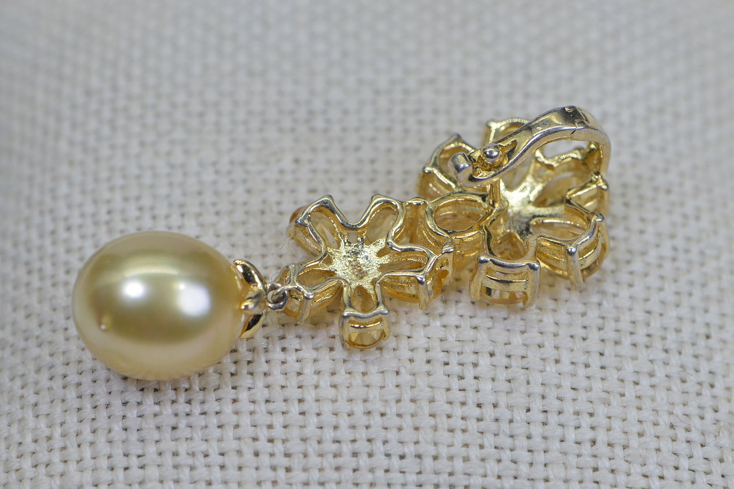 Genuine Seawater Golden Pearl  Citrine Two Flower Pendant  14K Gold Plated  Enhancer Pendant