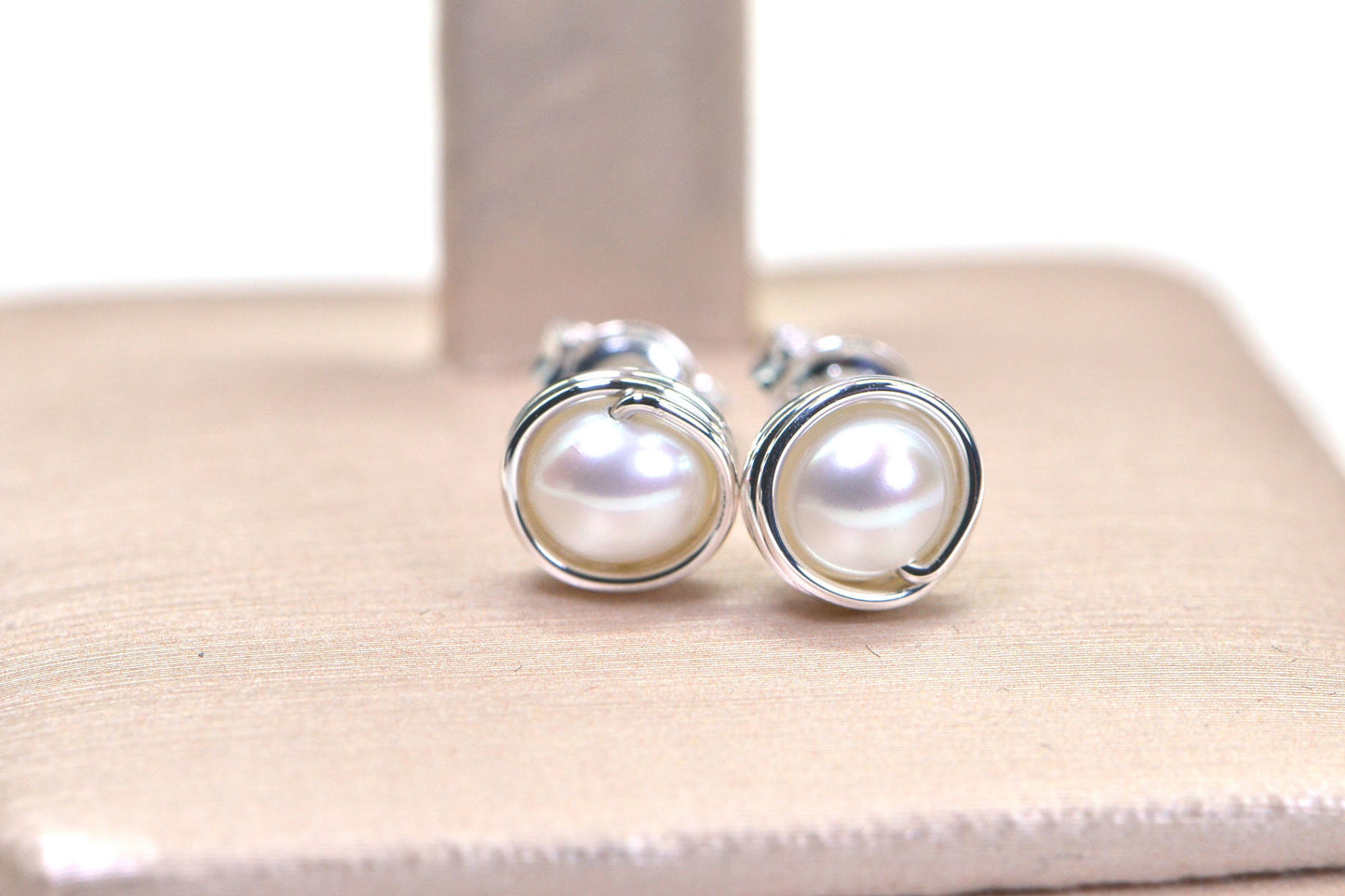 14K Gold AA+ Pearl Stud Earrings, Wire Wrapped Birthstone Jewelry