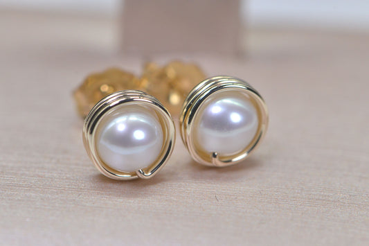 14K Gold AA+ Pearl Stud Earrings, Wire Wrapped Birthstone Jewelry