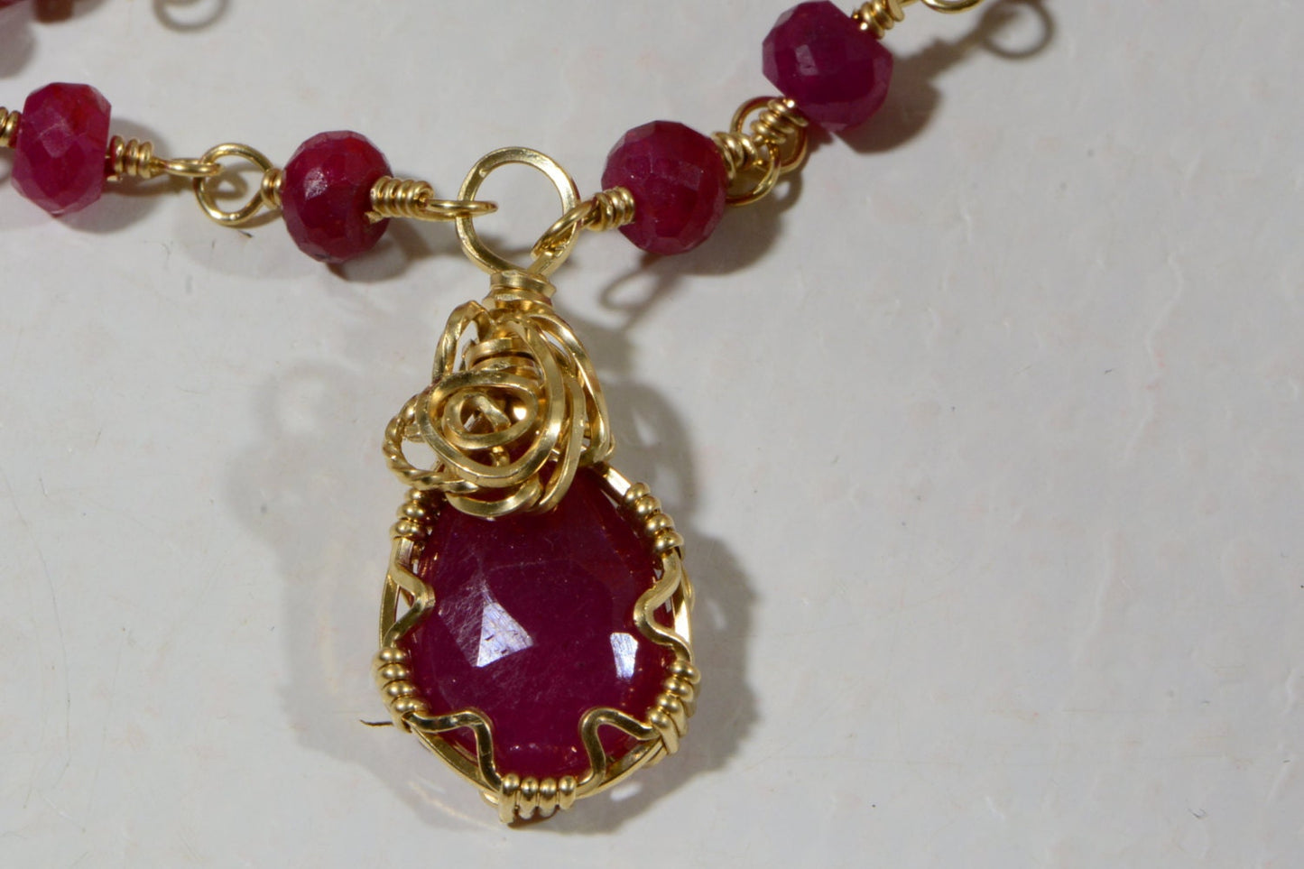 Ruby Rosary Necklace, 14k Gold Filled Wire Wrapped Pendant