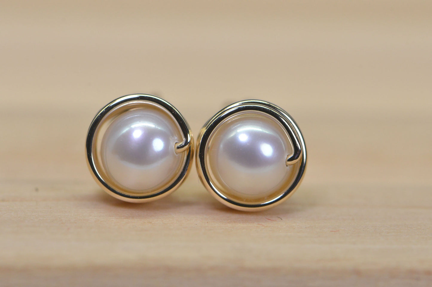 14K Gold Wire Wrapped Pearl Stud Earrings: June Birthstone
