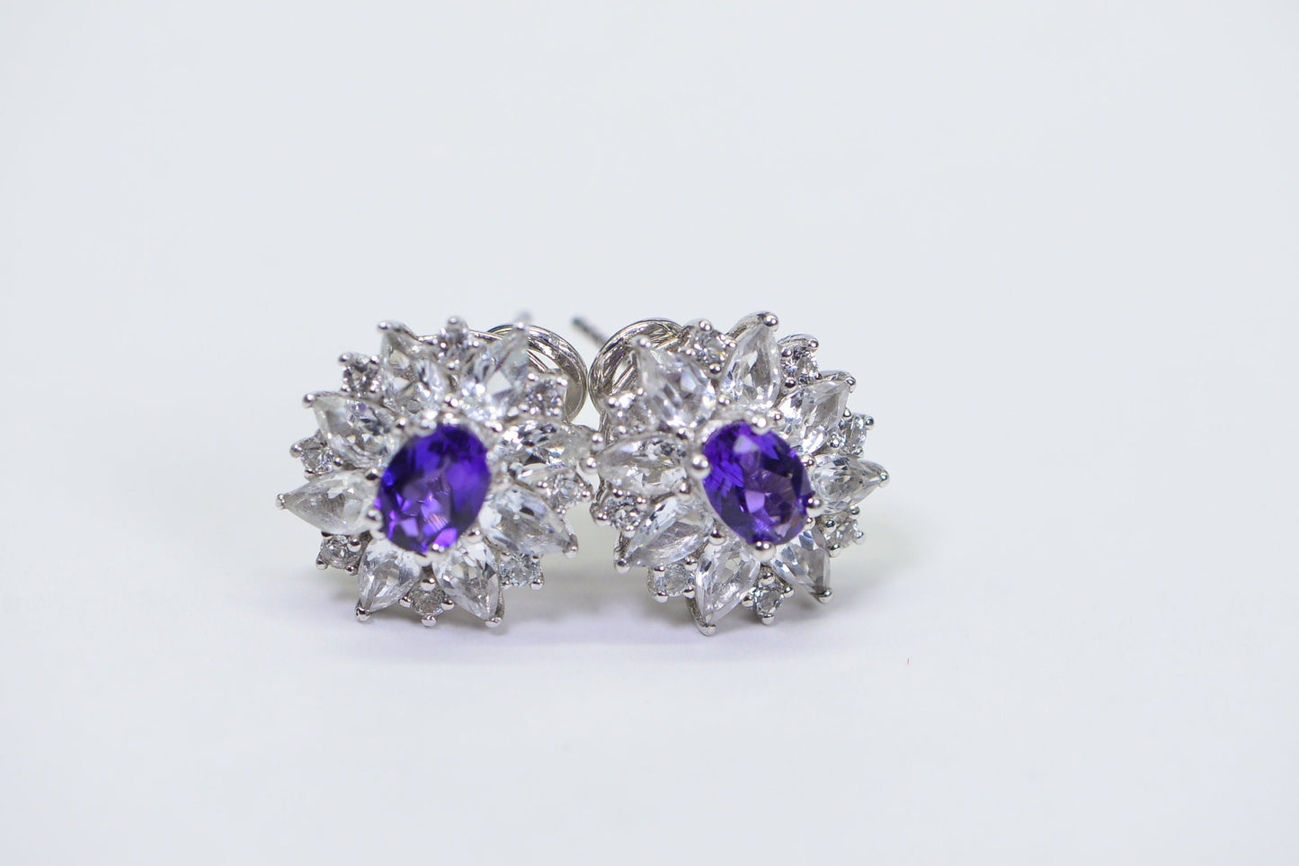 Vintage Elegance Genuine Amethyst and White Topaz Flower Design Earrings