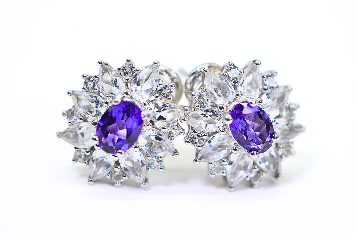 Vintage Elegance Genuine Amethyst and White Topaz Flower Design Earrings