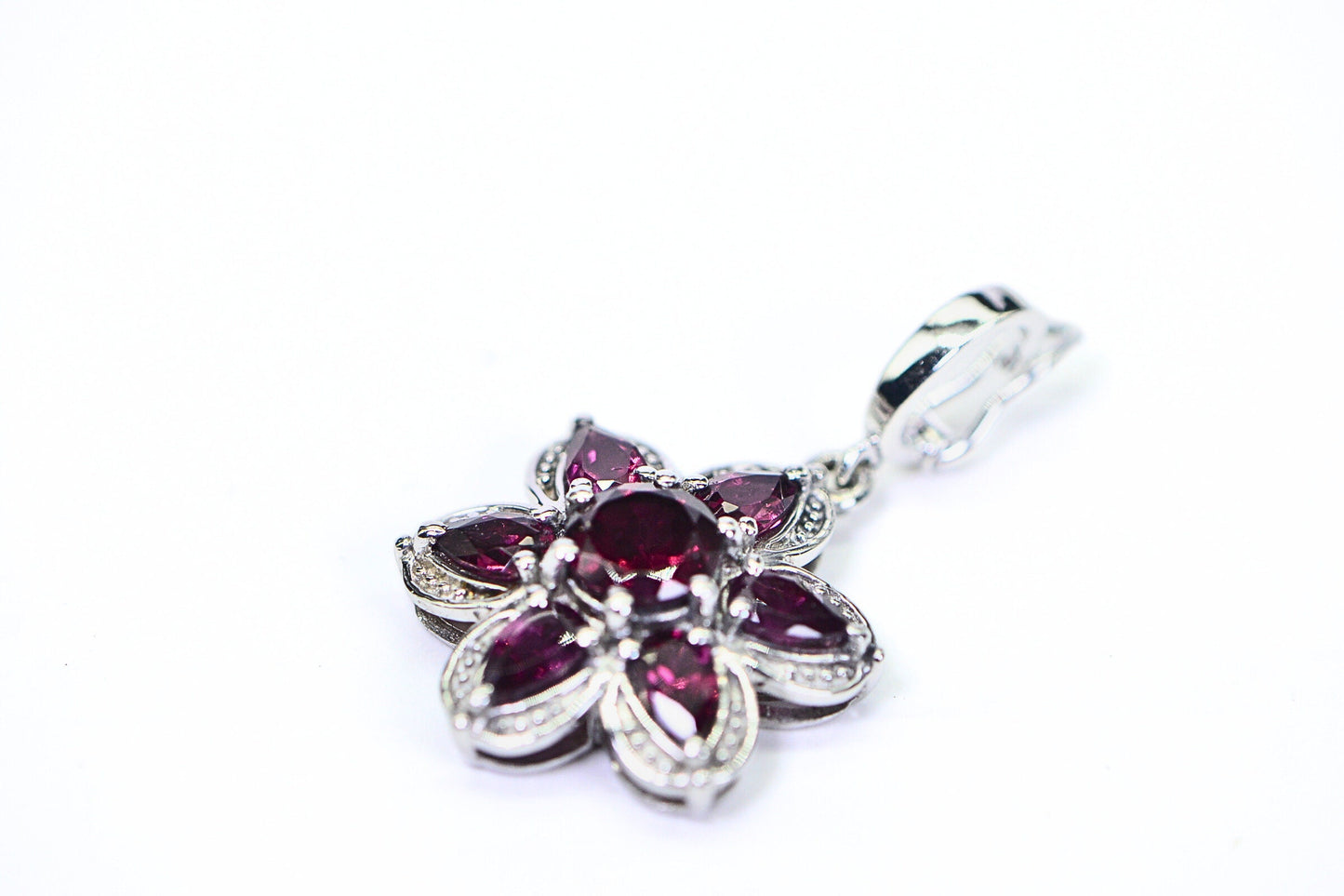 Garnet Flower Pendant: Rhodium Over Sterling Silver, January Birthstone