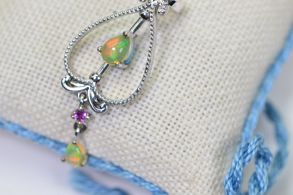 Vintage Sterling Silver Teardrop Pendant: Ethiopian Opal & Sleeping Beauty Turquoise