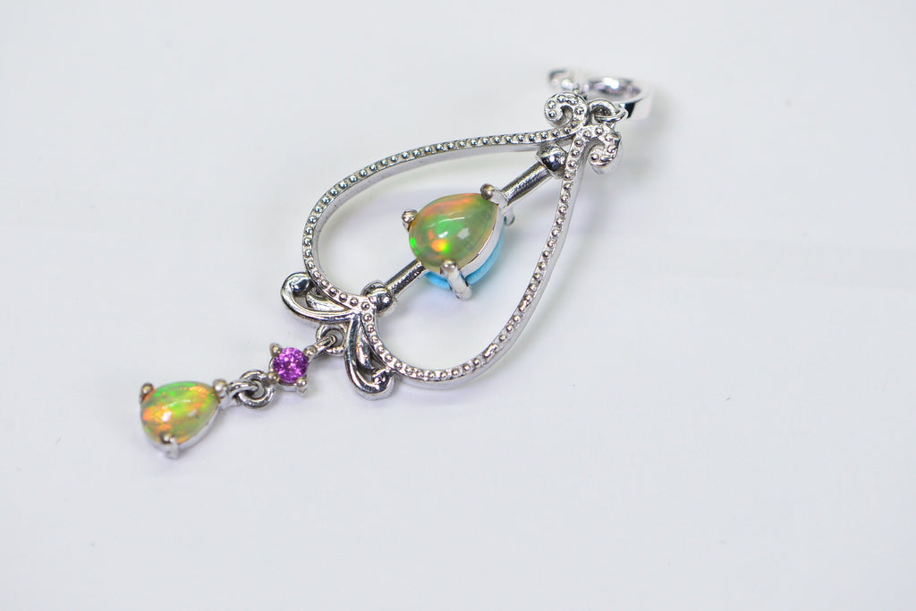 Vintage Sterling Silver Teardrop Pendant: Ethiopian Opal & Sleeping Beauty Turquoise