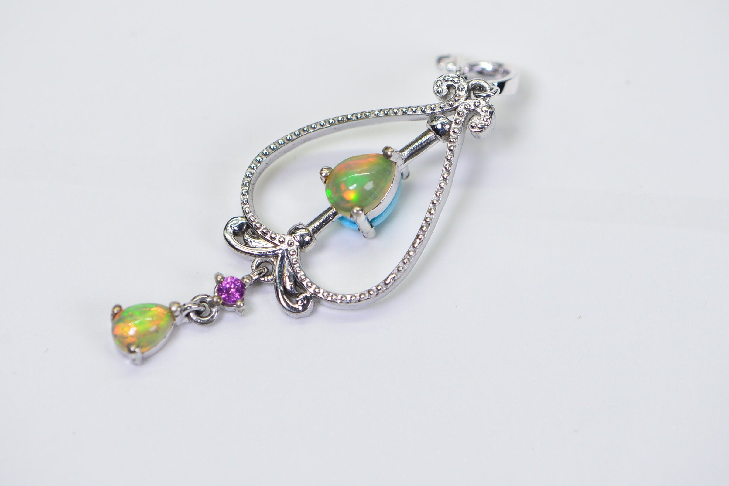 Vintage Sterling Silver Teardrop Pendant: Ethiopian Opal & Sleeping Beauty Turquoise