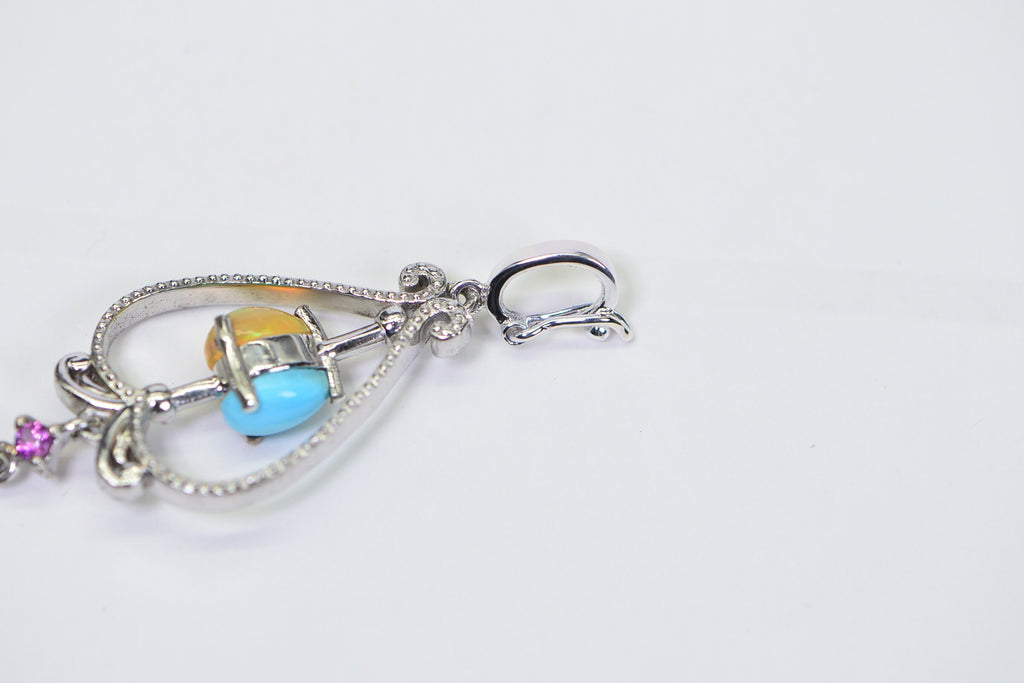 Vintage Sterling Silver Teardrop Pendant: Ethiopian Opal & Sleeping Beauty Turquoise