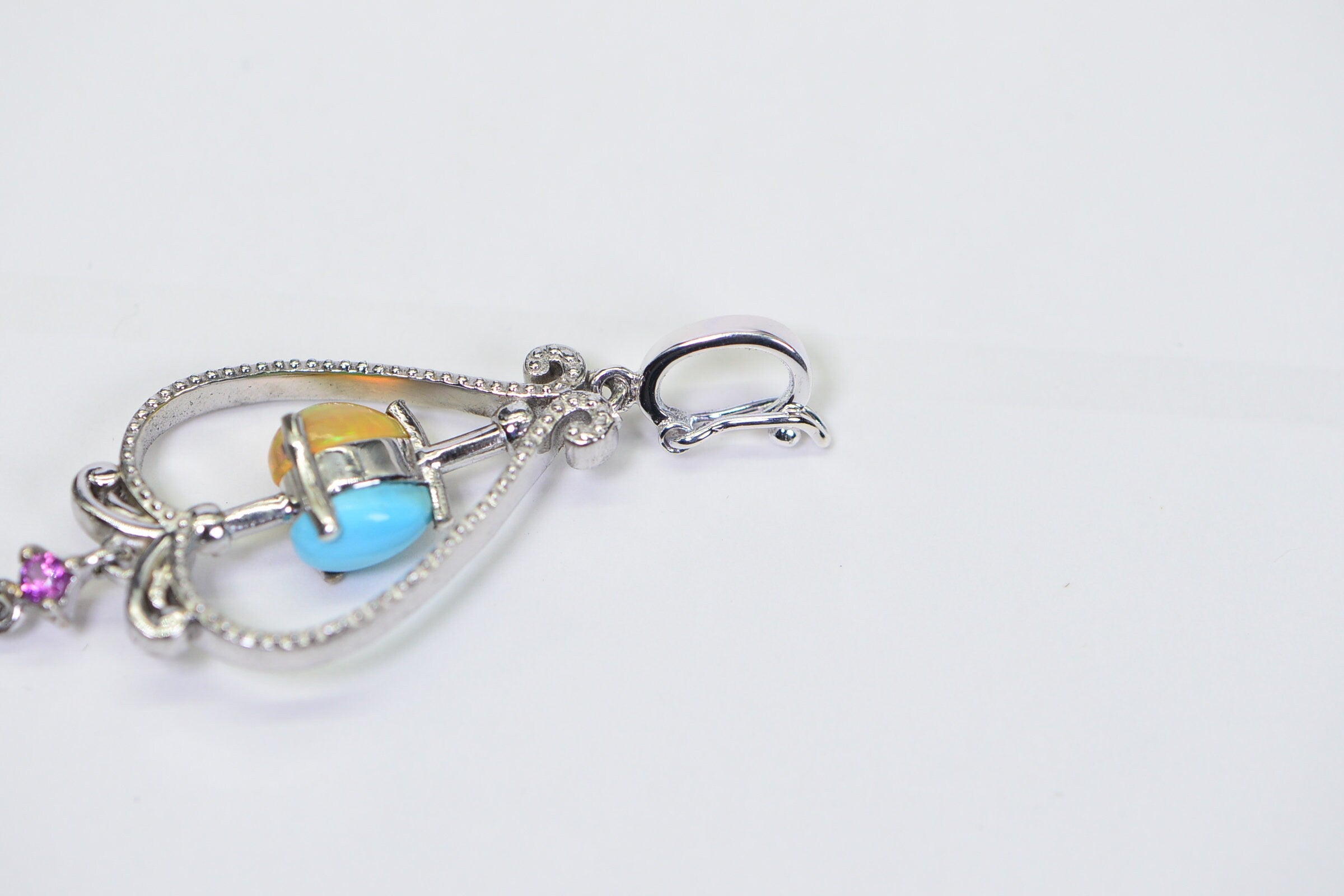 Vintage Sterling Silver Teardrop Pendant: Ethiopian Opal & Sleeping Beauty Turquoise
