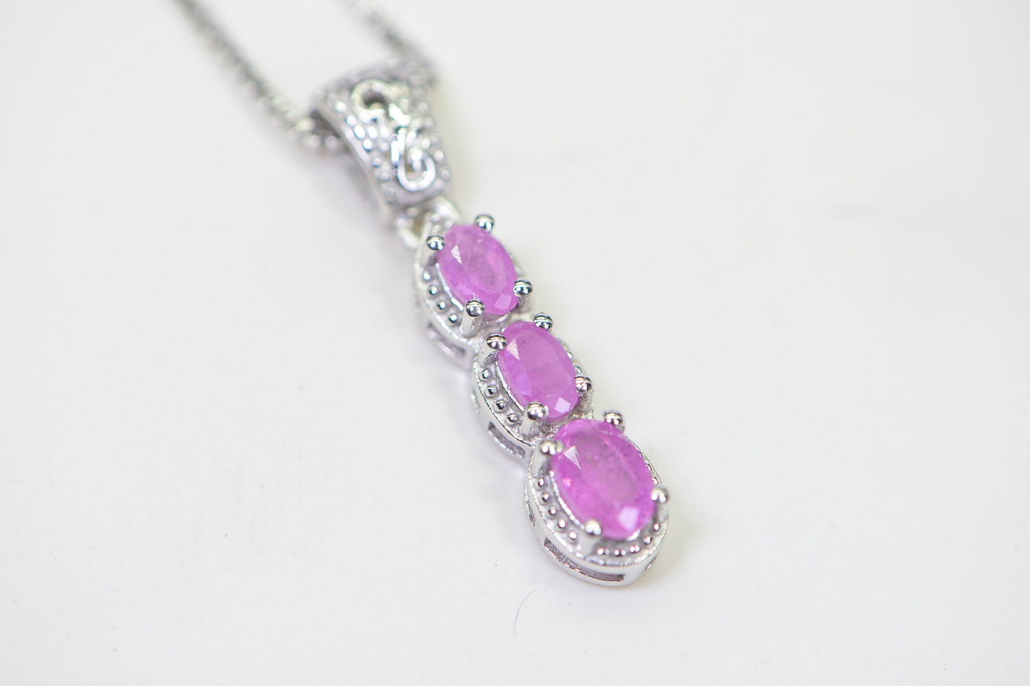 Pink Sapphire Sterling Silver Necklace: Three Stone Stick Pendant