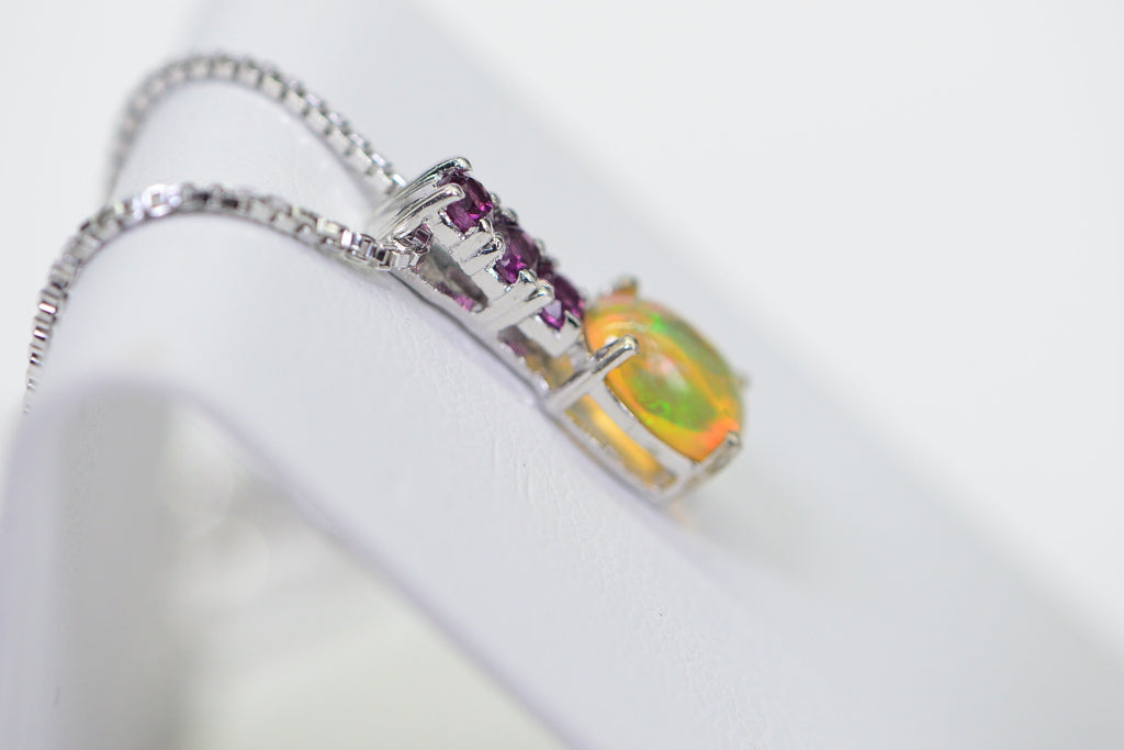 Ethiopian Opal & Garnet Sterling Silver Pendant Necklace
