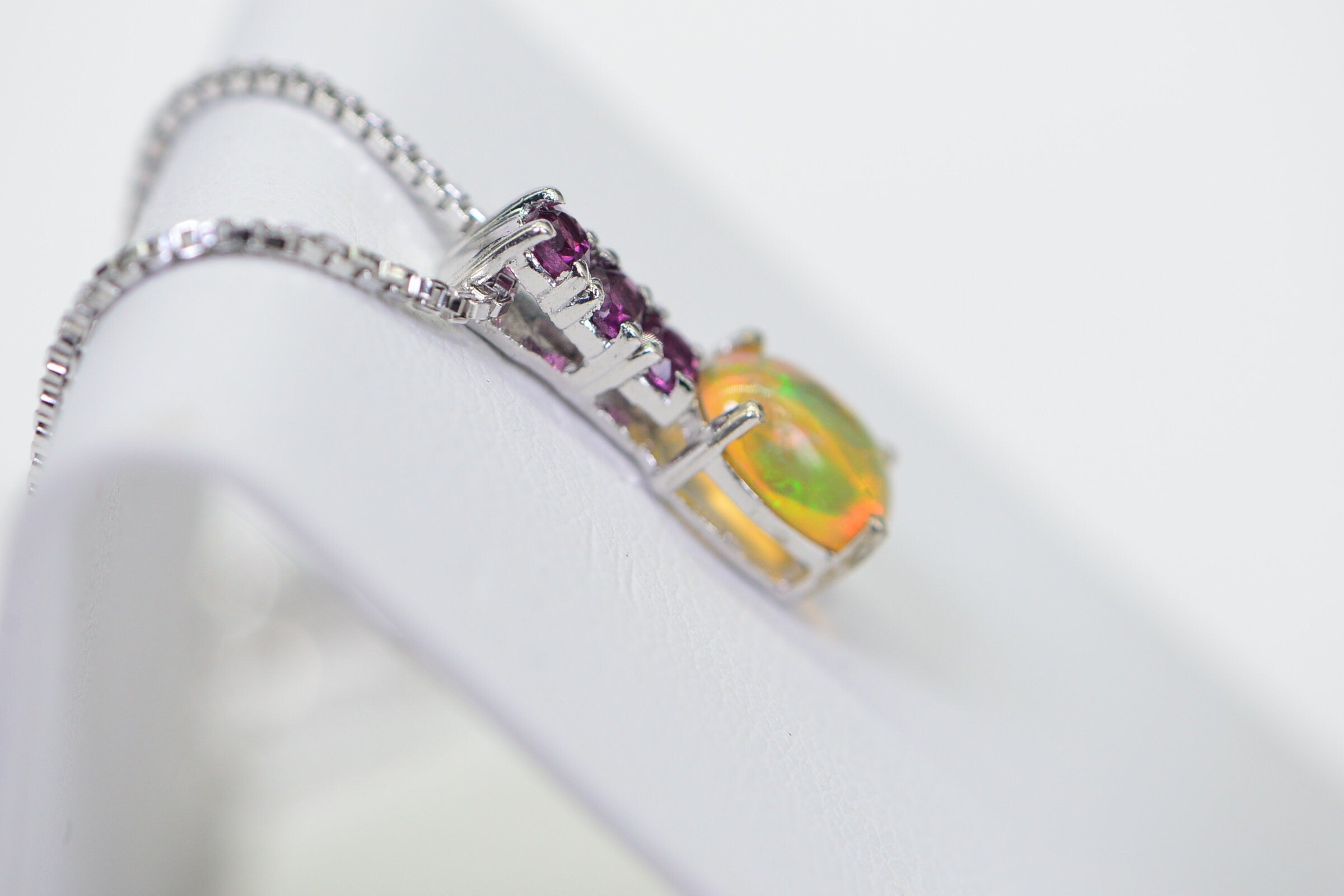 Ethiopian Opal & Garnet Sterling Silver Pendant Necklace