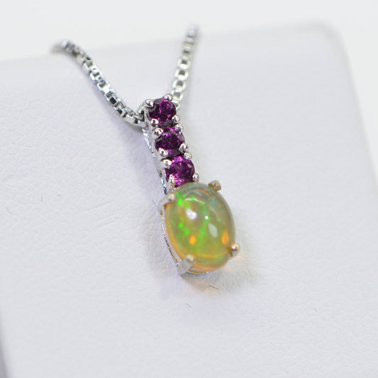 Ethiopian Opal & Garnet Sterling Silver Pendant Necklace