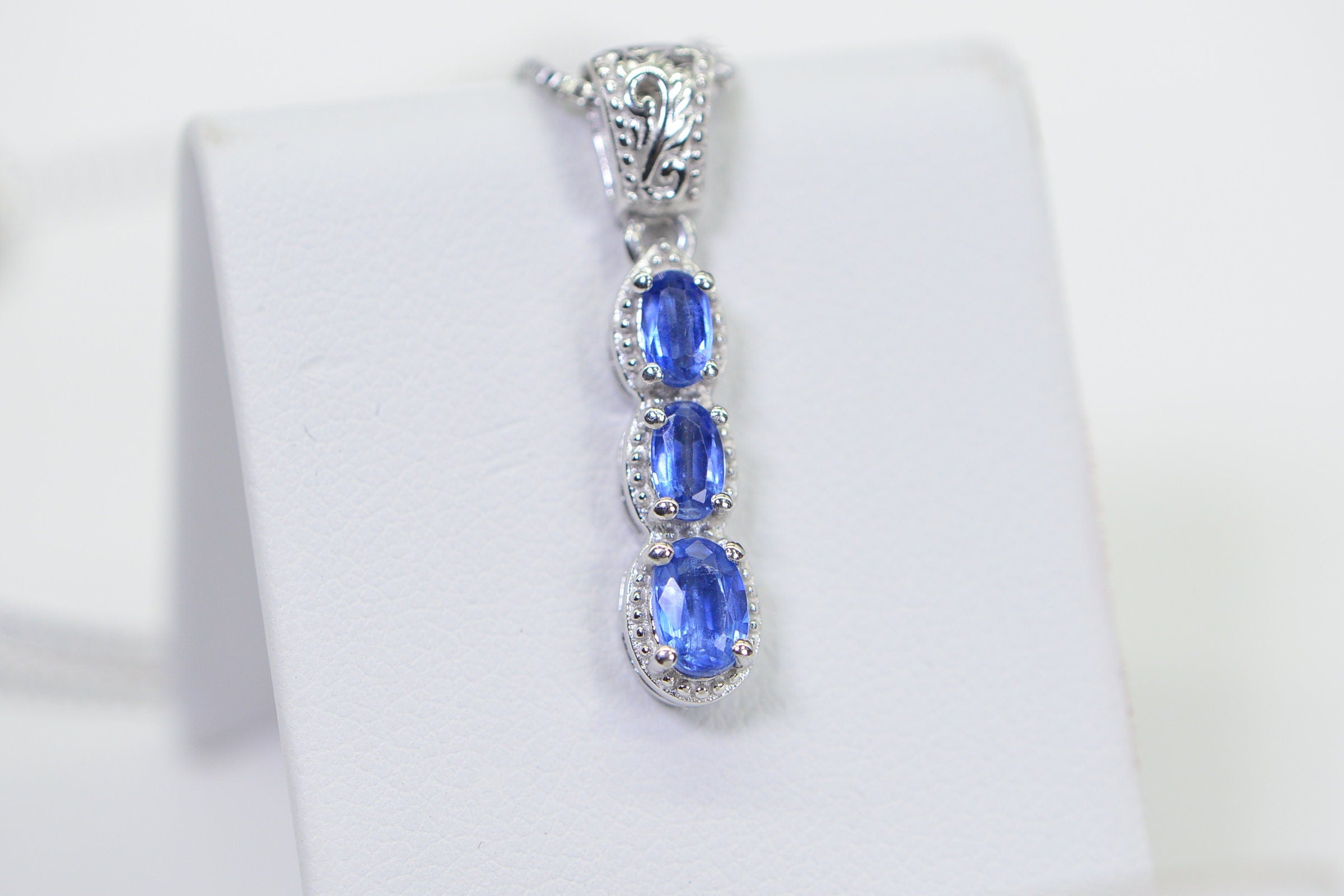 Sapphire Vertical Bar Pendant Necklace: 14K White Gold Over Sterling Silver