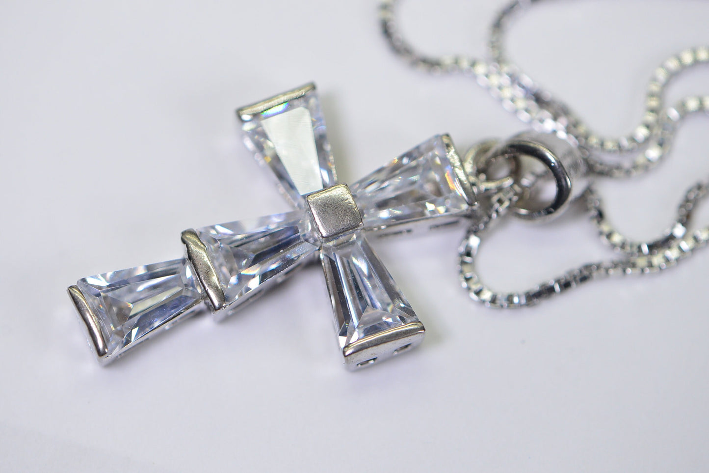 Baguette Diamond Large Cross Sterling Silver Fancy Religious Cross Pendant Necklace