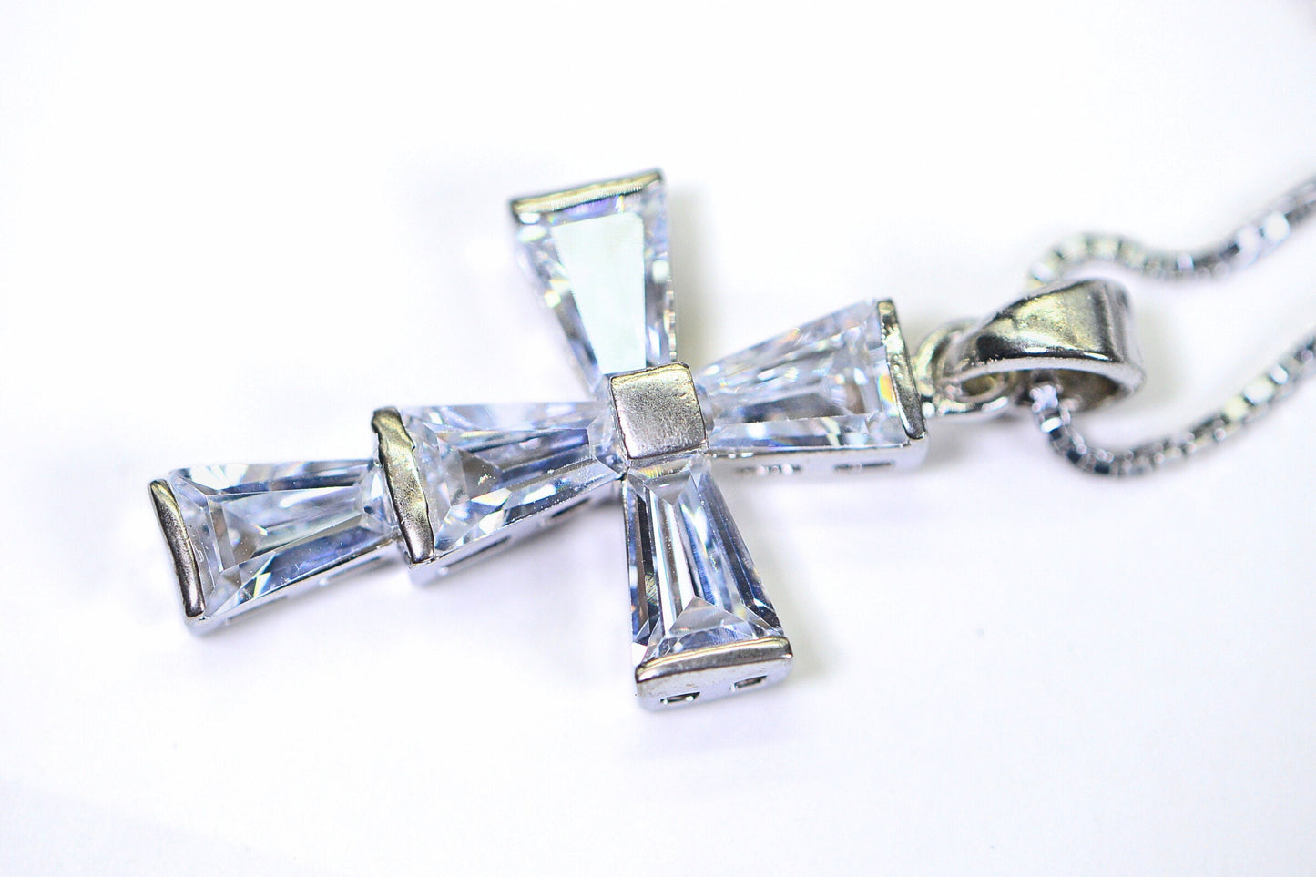 Baguette Diamond Large Cross Sterling Silver Fancy Religious Cross Pendant Necklace