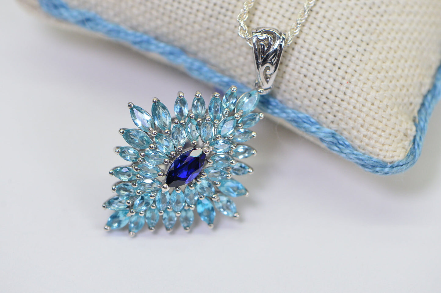 Madagascar Apatite Floral Pendant: Sterling Silver Marquise Halo Necklace
