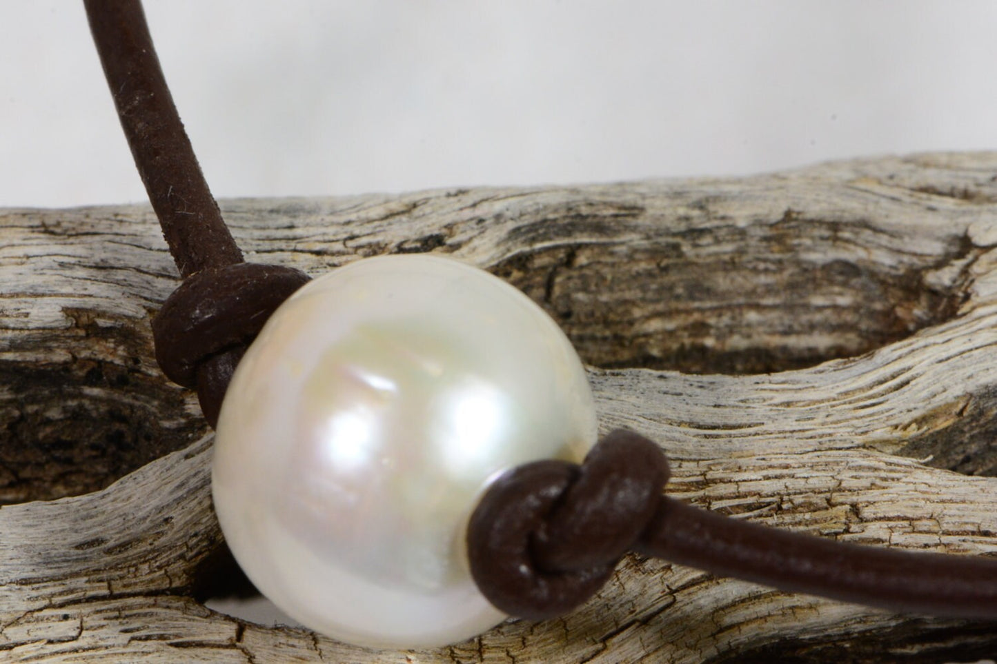 14mm Pearl Necklace, AAA Luster on Brown Leather Cord