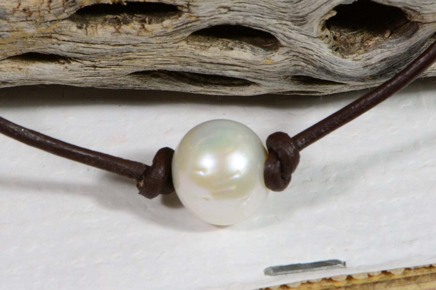14mm Pearl Necklace, AAA Luster on Brown Leather Cord