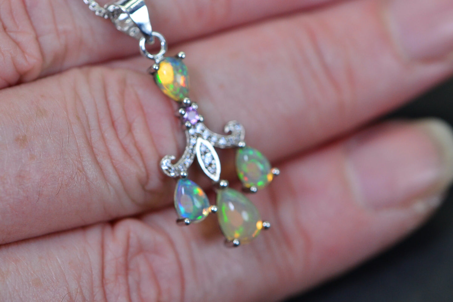 Ethiopian Welo Opal Sterling Silver Pendant Necklace, Garnet Diamond Accent
