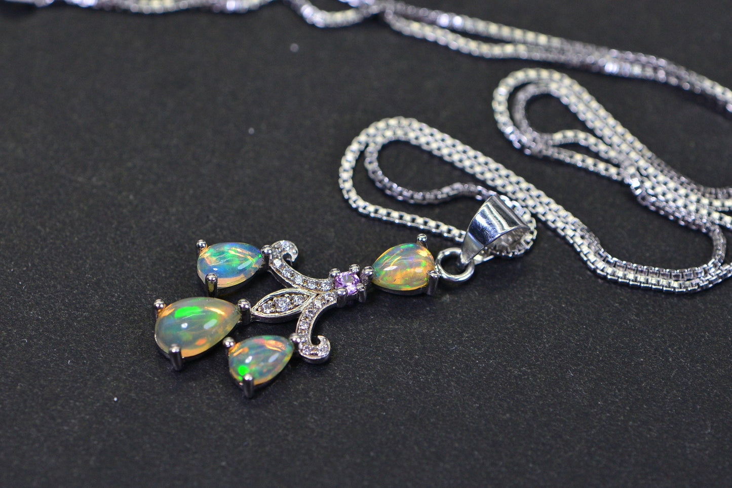 Ethiopian Welo Opal Sterling Silver Pendant Necklace, Garnet Diamond Accent