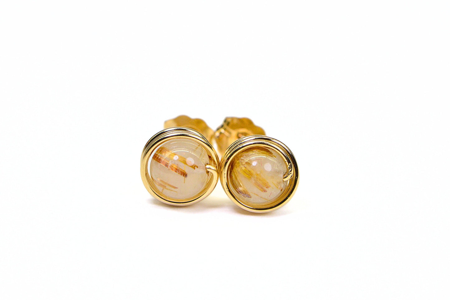 Rutilated Quartz Stud Earrings: 14K Gold Wire Wrapped Petite Posts