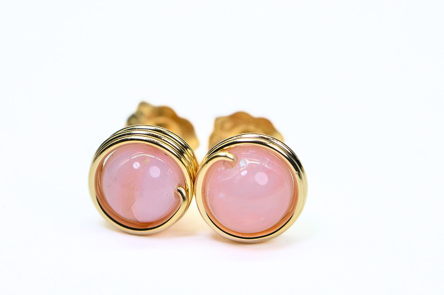 Peruvian Pink Opal Stud Earrings: 14K Gold Filled Wire Wrapped Gemstone