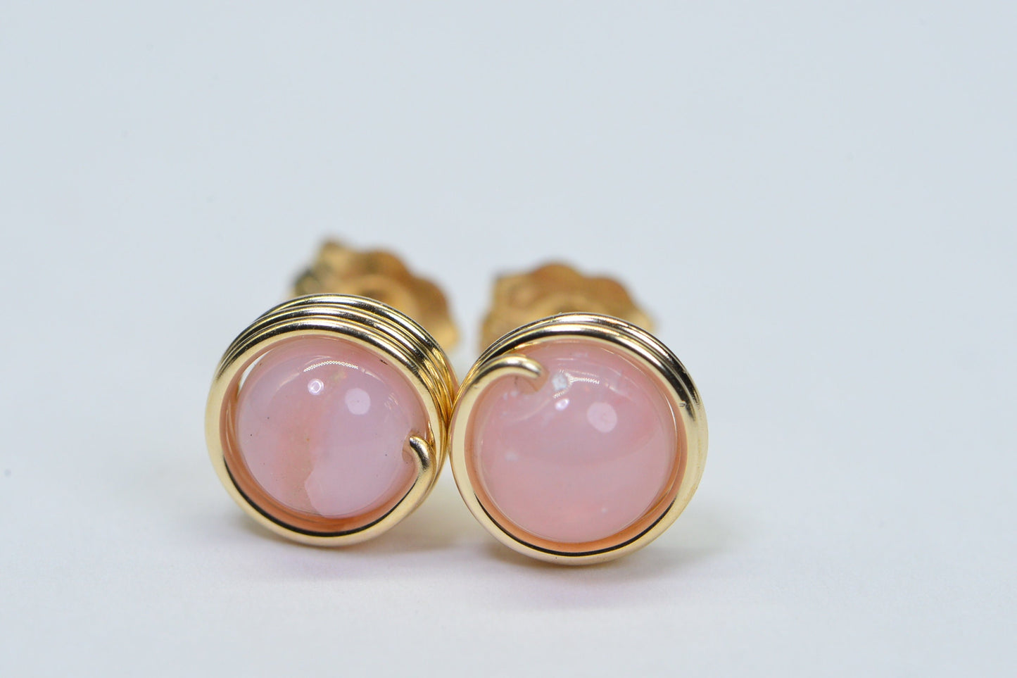 Peruvian Pink Opal Stud Earrings: 14K Gold Filled Wire Wrapped Gemstone