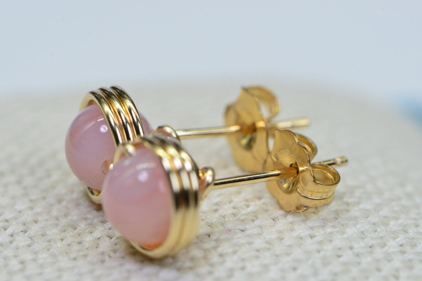 Peruvian Pink Opal Stud Earrings: 14K Gold Filled Wire Wrapped Gemstone