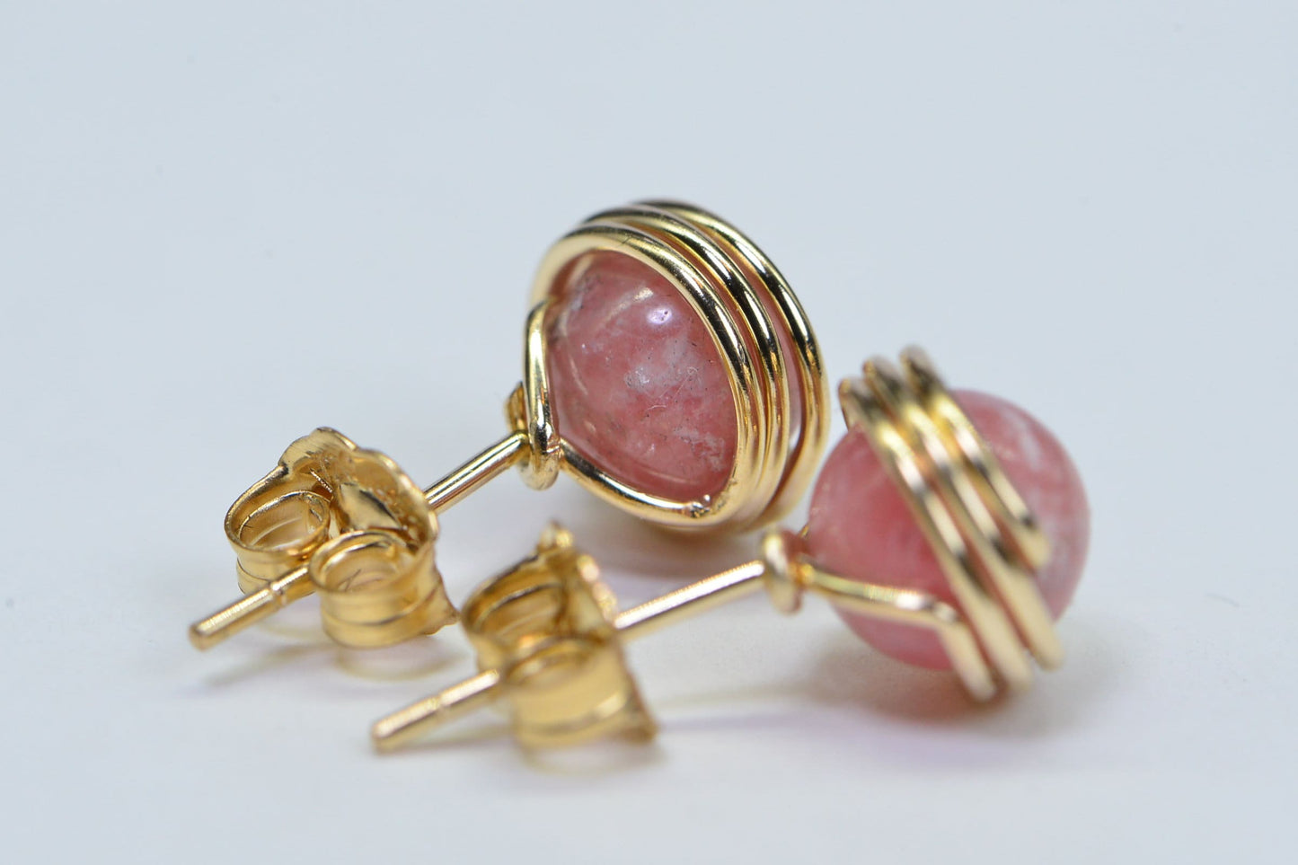Rhodochrosite Stud Earrings: 14K Gold Filled Wire Wrapped, Pink Gemstone