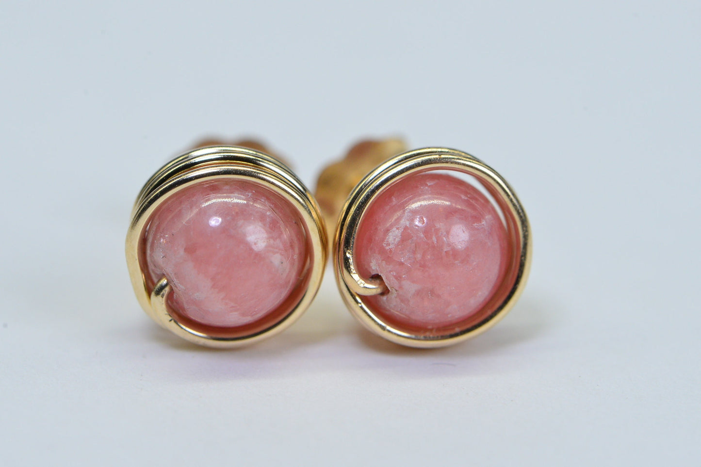 Rhodochrosite Stud Earrings: 14K Gold Fill Wire Wrapped Healing Crystals