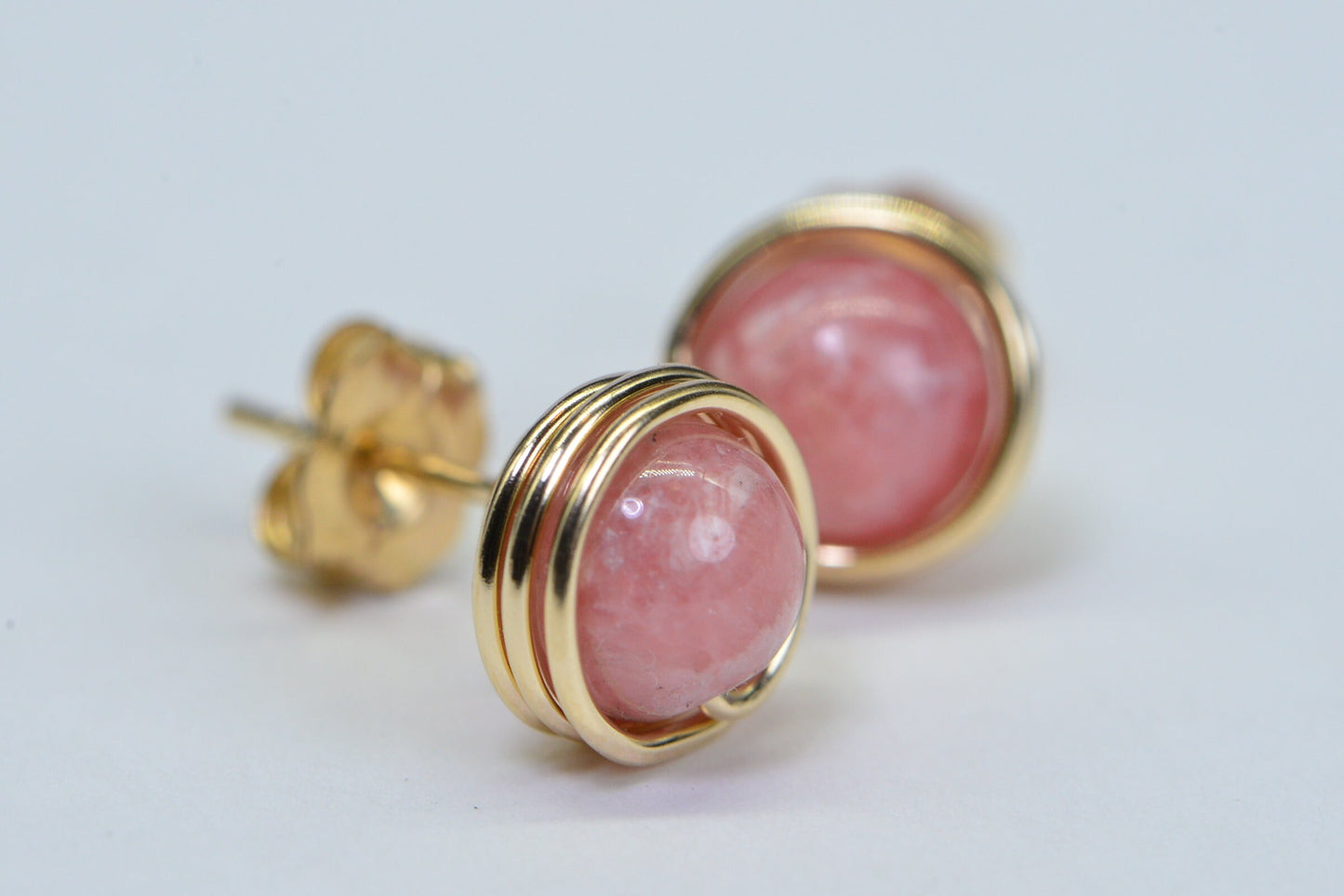 Rhodochrosite Stud Earrings: 14K Gold Fill Wire Wrapped Healing Crystals