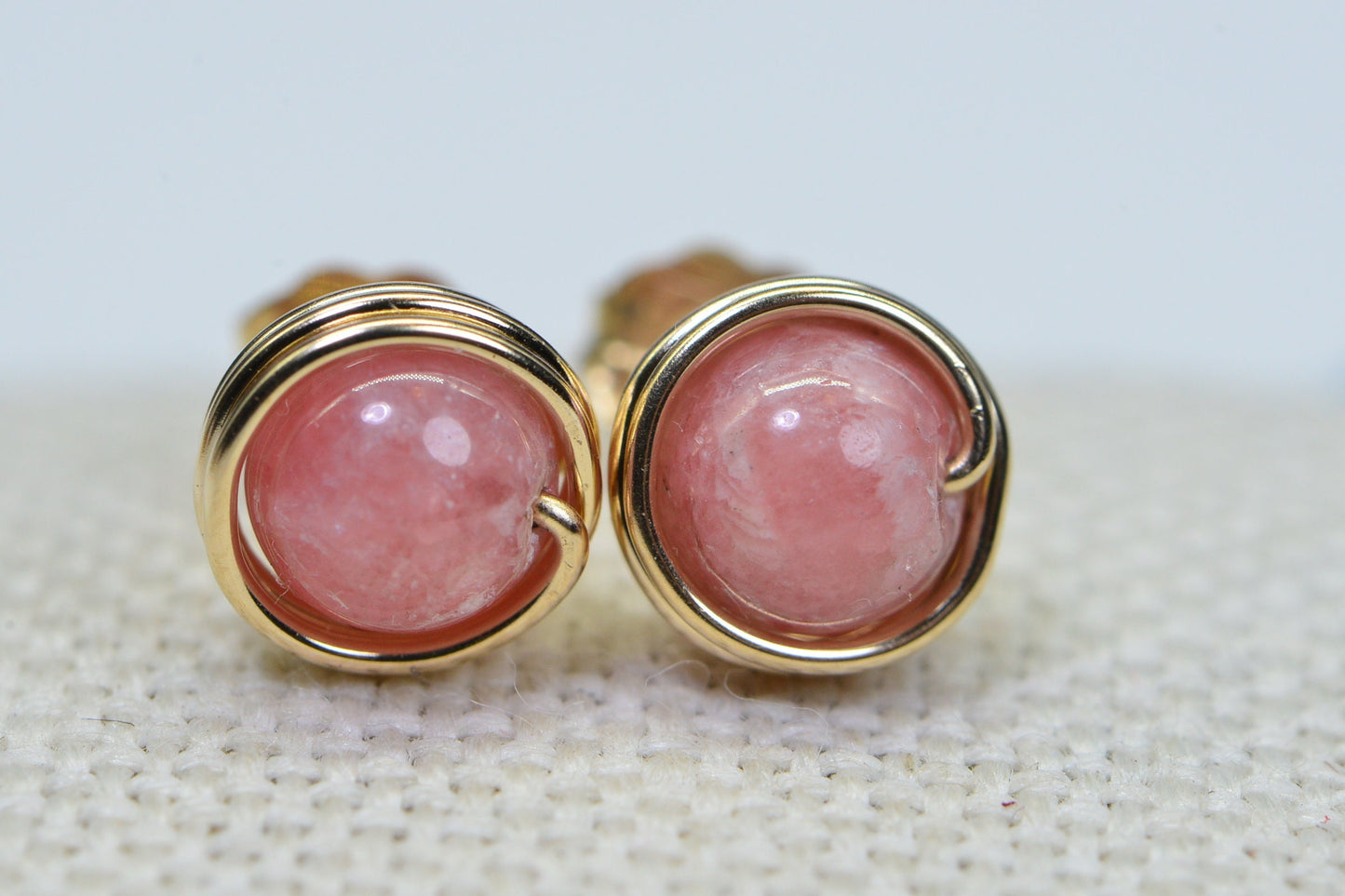 Rhodochrosite Stud Earrings: 14K Gold Fill Wire Wrapped Healing Crystals