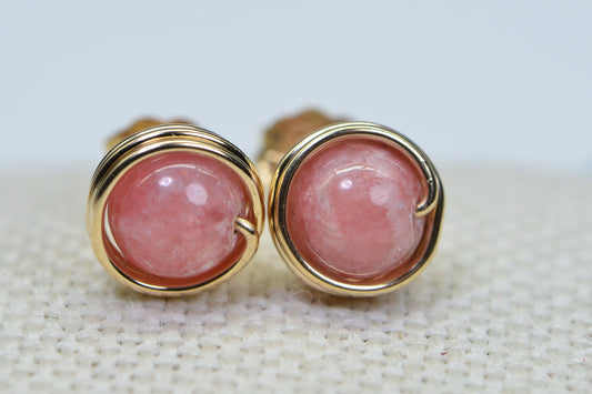 Rhodochrosite Stud Earrings: 14K Gold Fill Wire Wrapped Healing Crystals