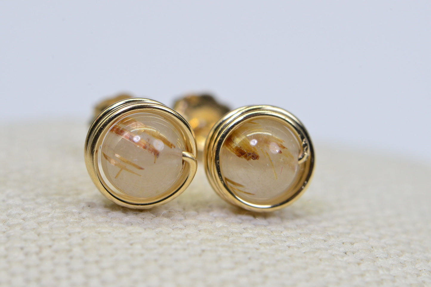 Gold Rutilated Quartz Stud Earrings: 14K Gold Fill Wire Wrapped