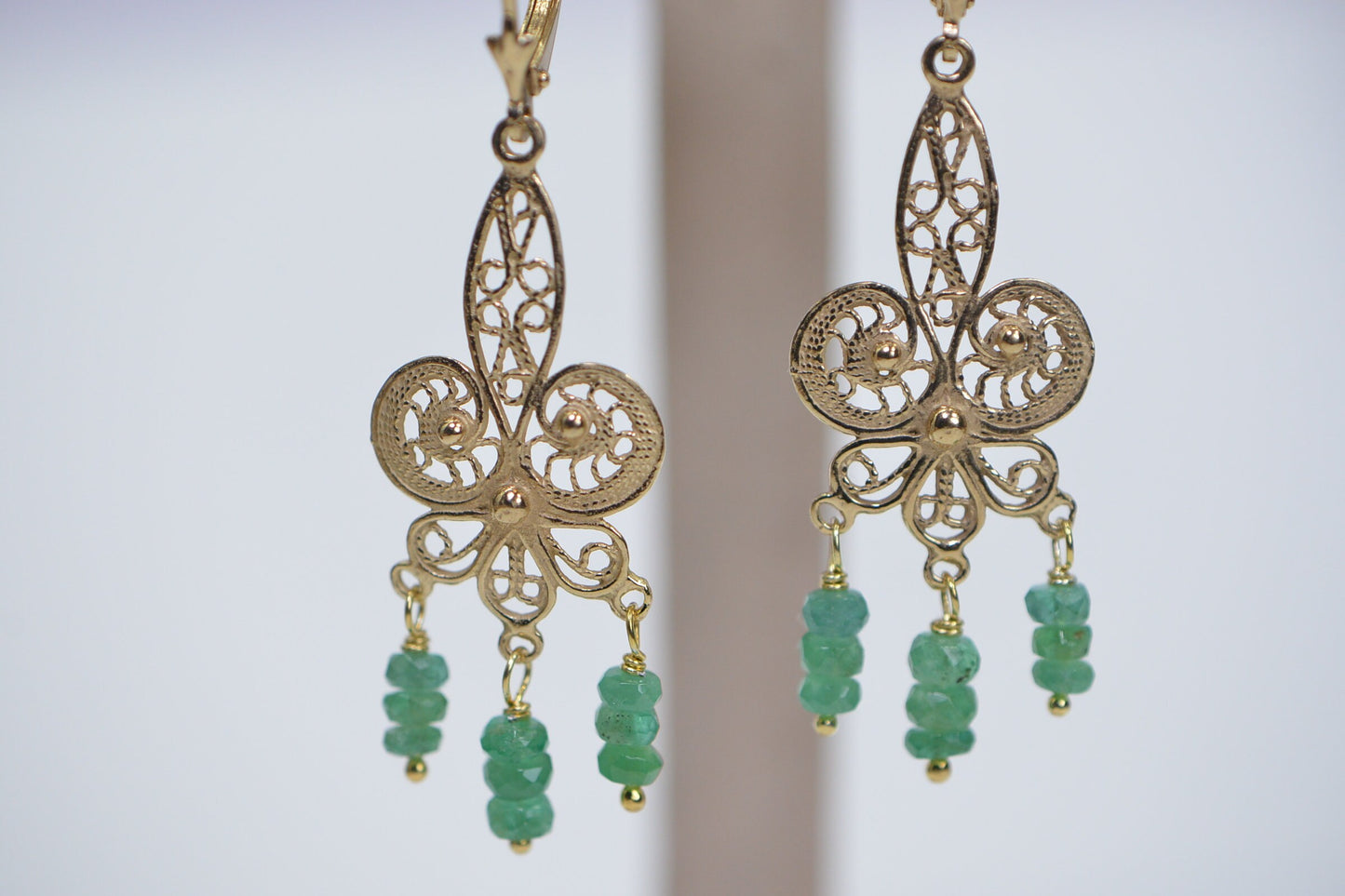 Colombian Emerald Dangle Earrings: 14k Gold Filigree Drop