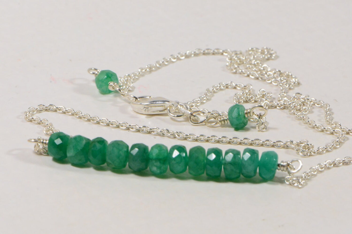 Natural Emerald Bar Necklace Wire wrapped Sterling Silver  Birthstone For May