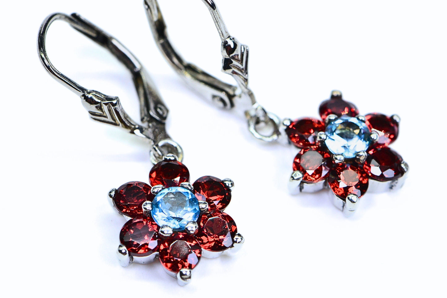 Garnet Flower Dangle Earrings: Rhodium Over Sterling Silver, January Birthstone
