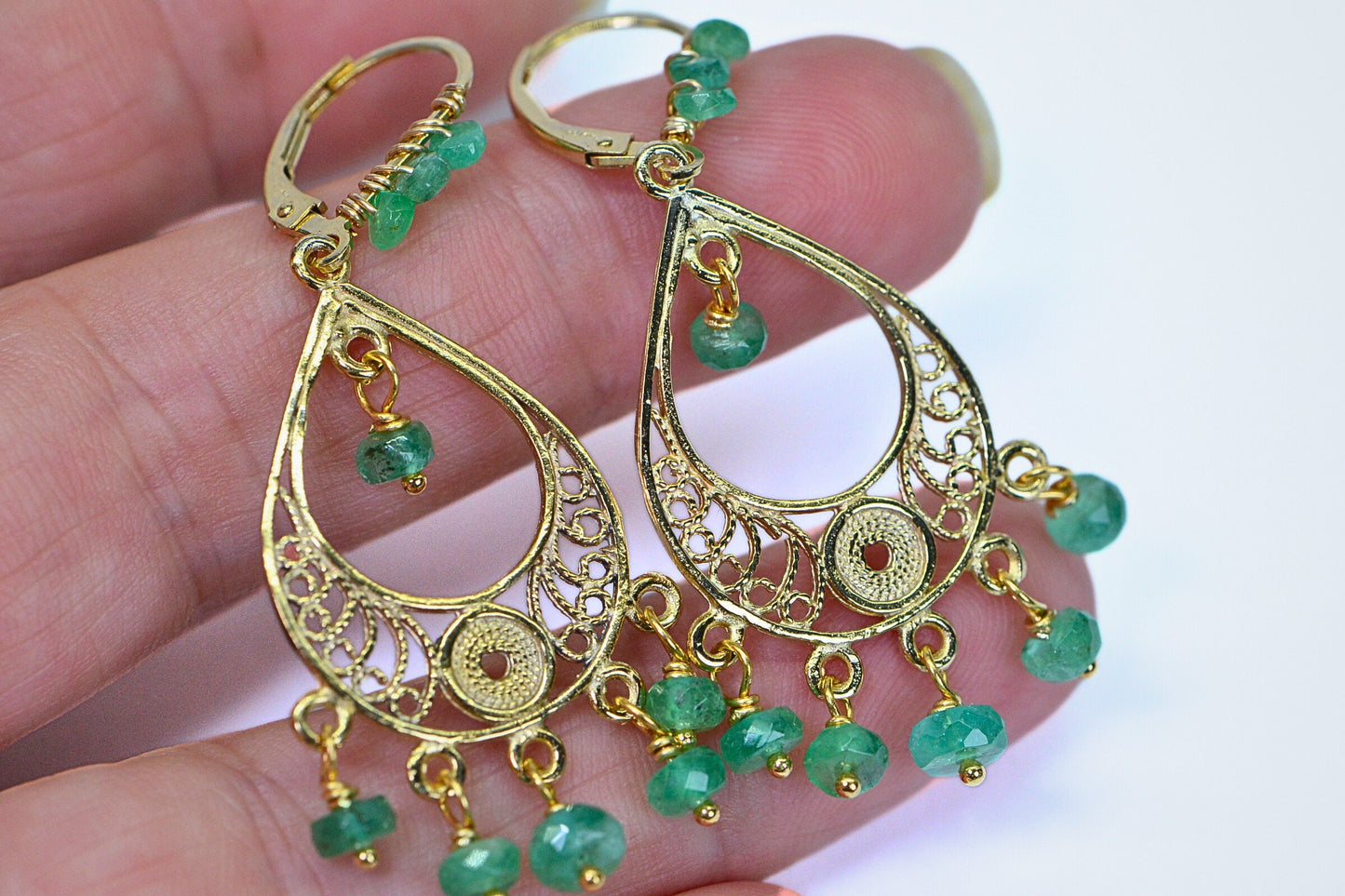 Emerald Earrings: 14K Gold Fill, Filigree Teardrop, May Birthstone