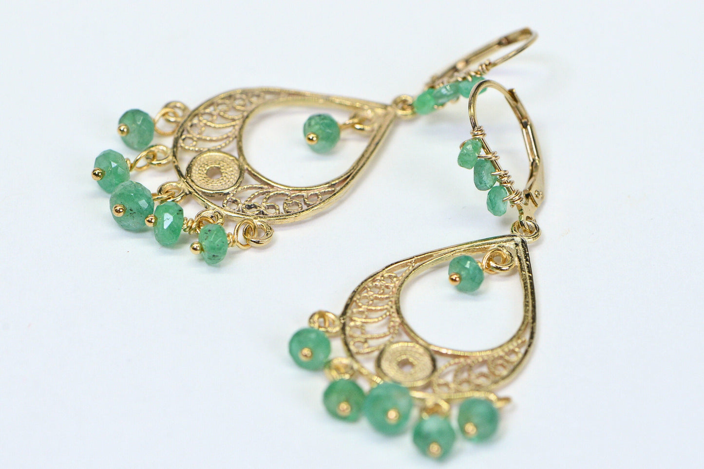 Emerald Earrings: 14K Gold Fill, Filigree Teardrop, May Birthstone