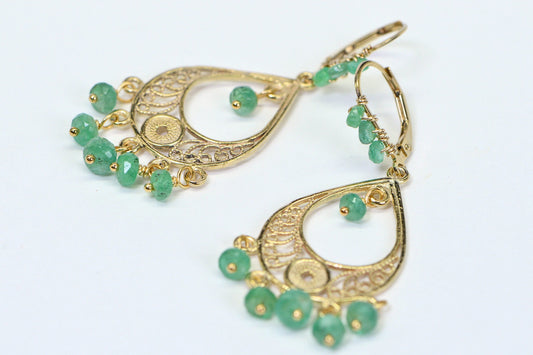 Emerald Earrings: 14K Gold Fill, Filigree Teardrop, May Birthstone