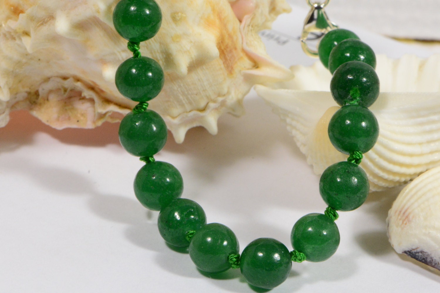 Green Jade Knotted Bracelet: Natural Gemstone Jewelry, Sterling Silver Clasp