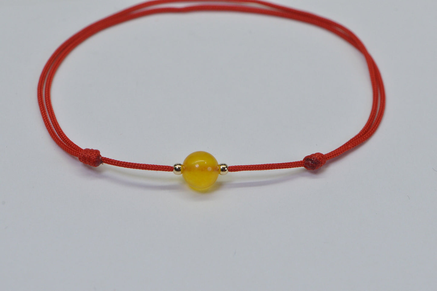 Yellow Burma Jade Bracelet: 14K Gold Beads, Red String of Fate