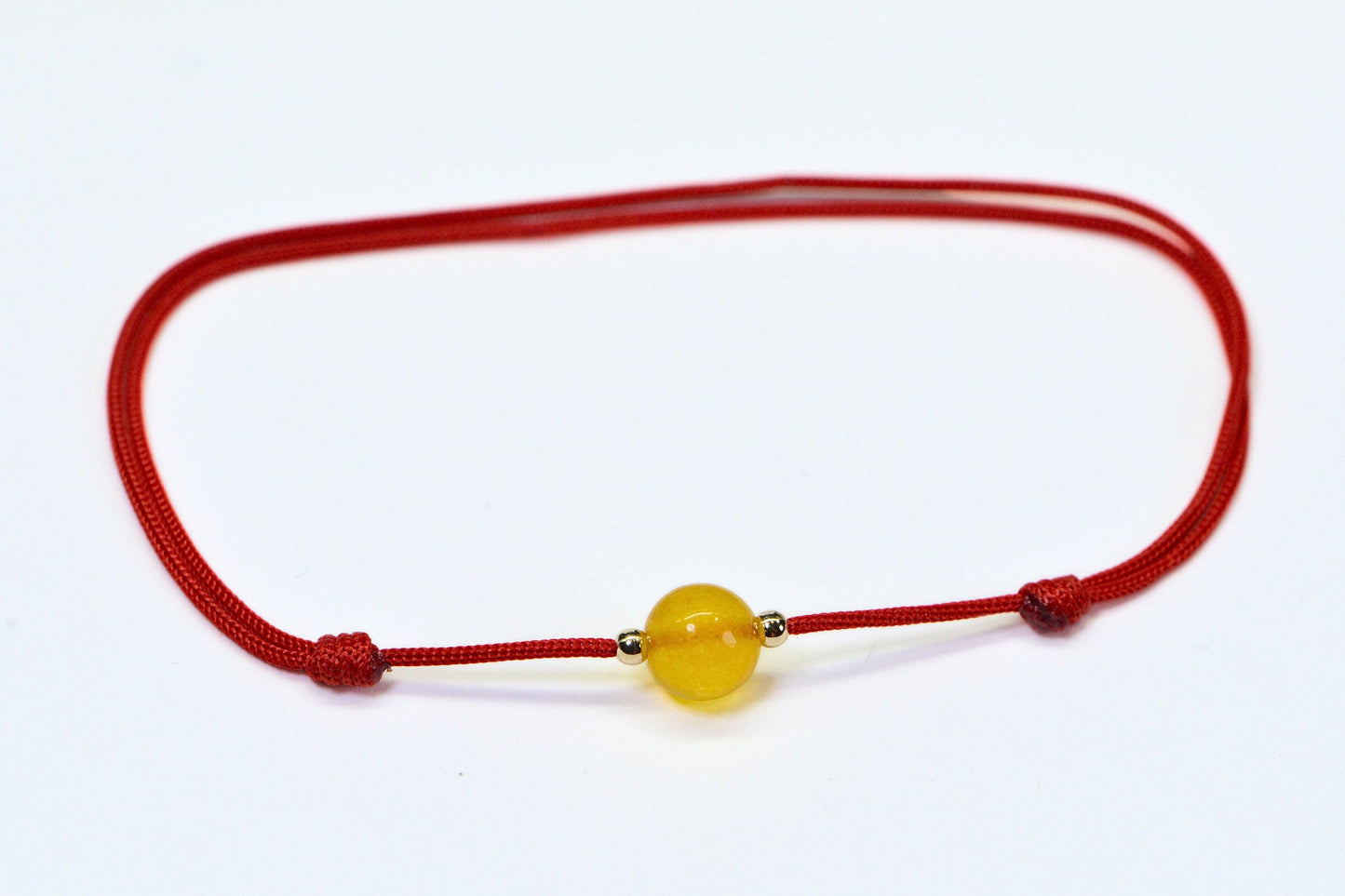 Yellow Burma Jade Bracelet: 14K Gold Beads, Red String of Fate