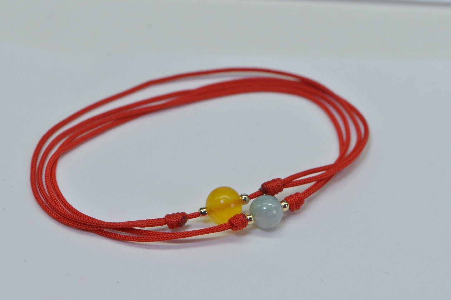 Ice Green Burma Jade Bracelet: 14K Gold Beads, Red String of Fate
